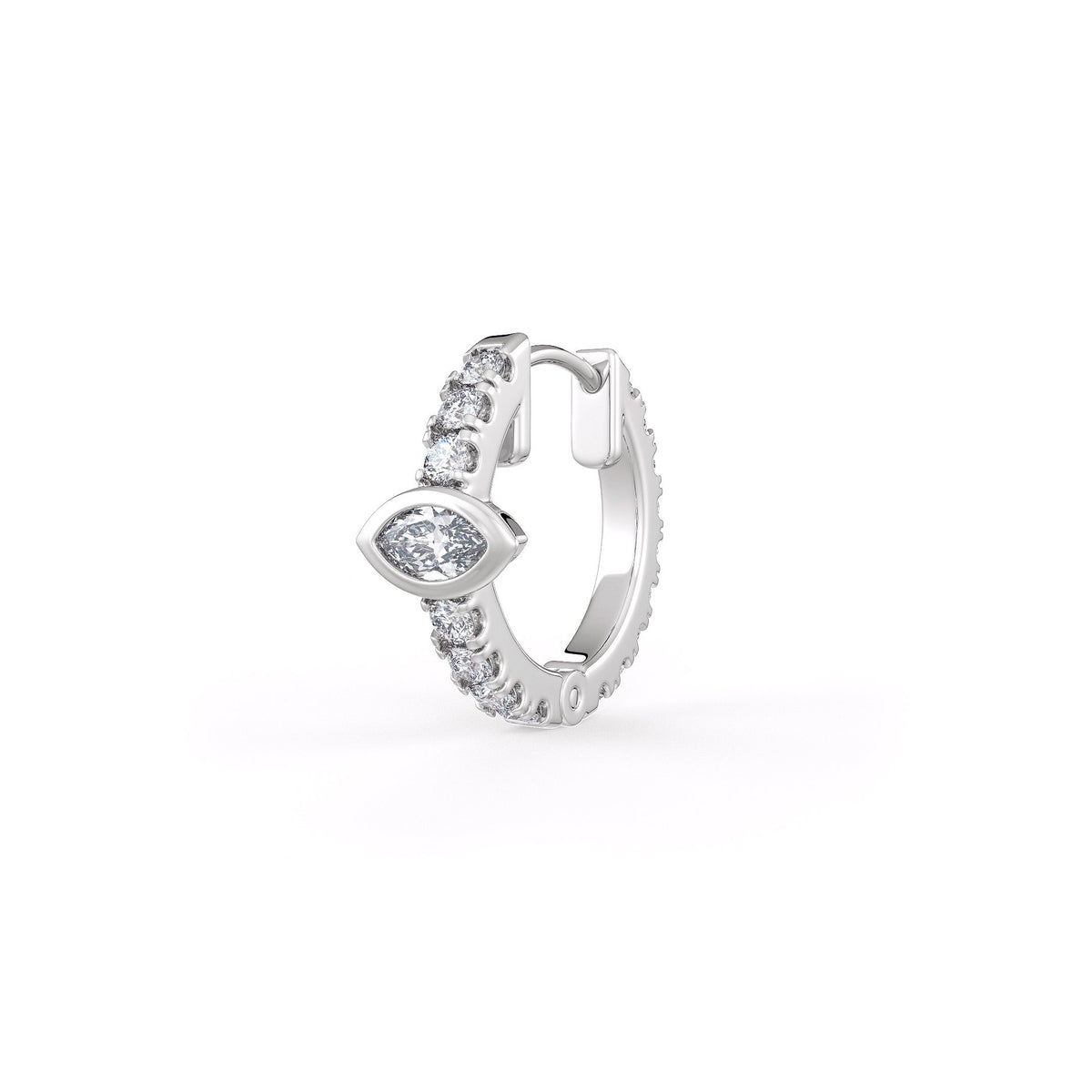 Silver hoop earring with clear gemstones on a white background