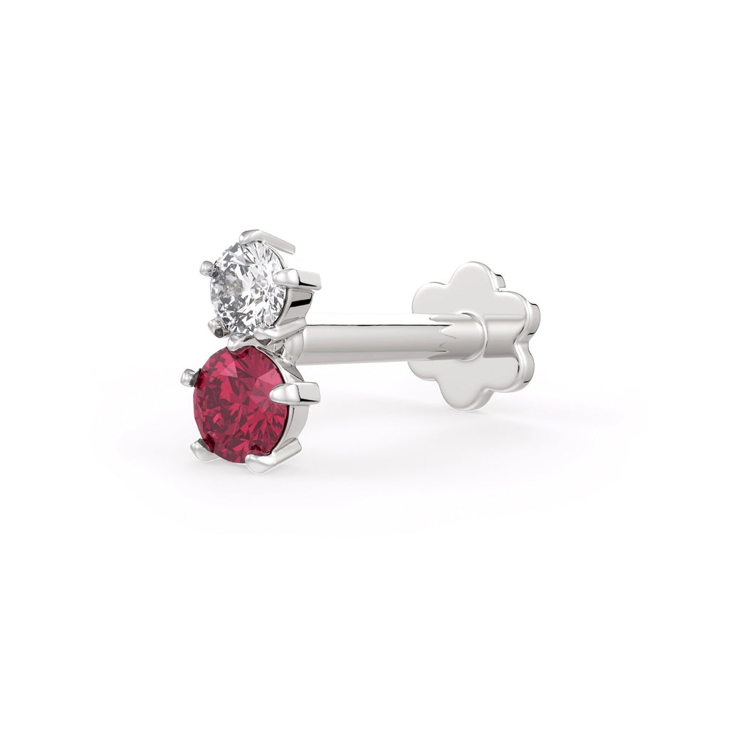18K white gold nose stud with ruby and diamond gemstones