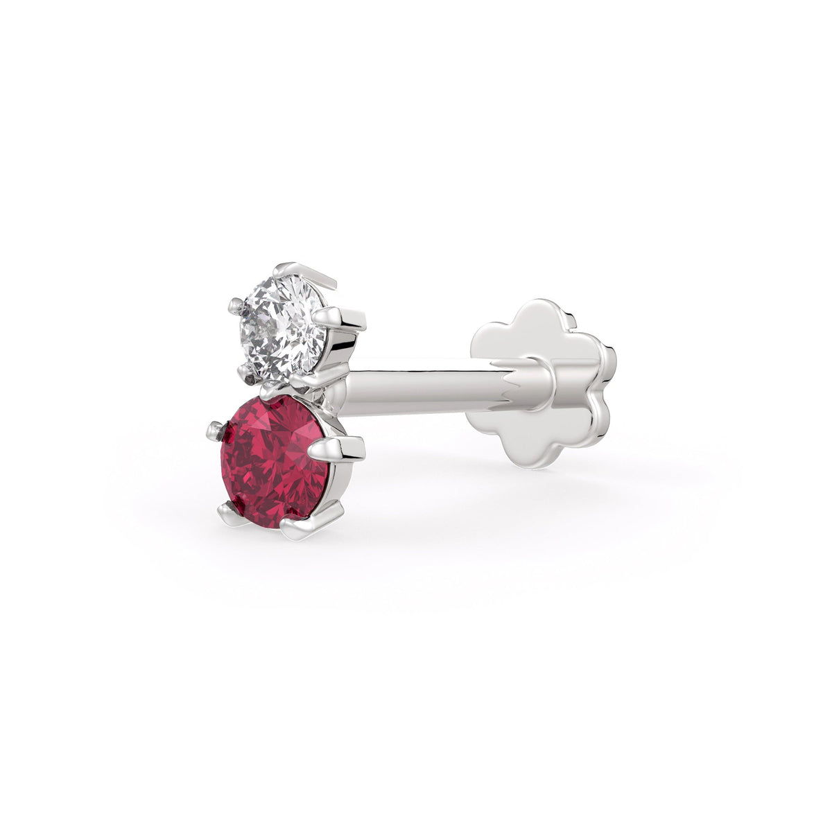 18K white gold nose stud with ruby and diamond gemstones