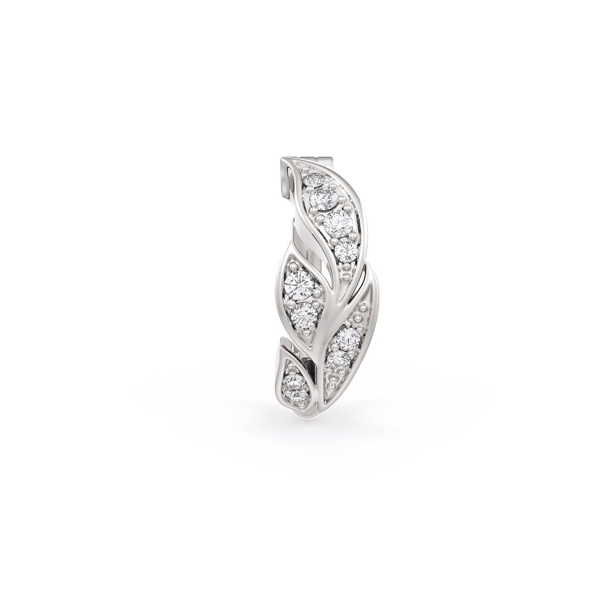 Close view of white gold diamond nose hoop leaf