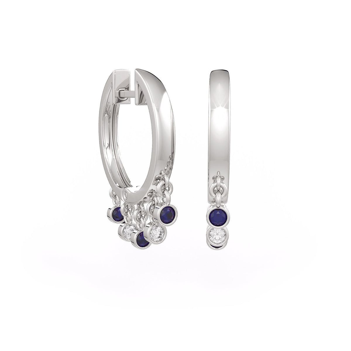 Silver hoop earrings with blue gemstones on a white background