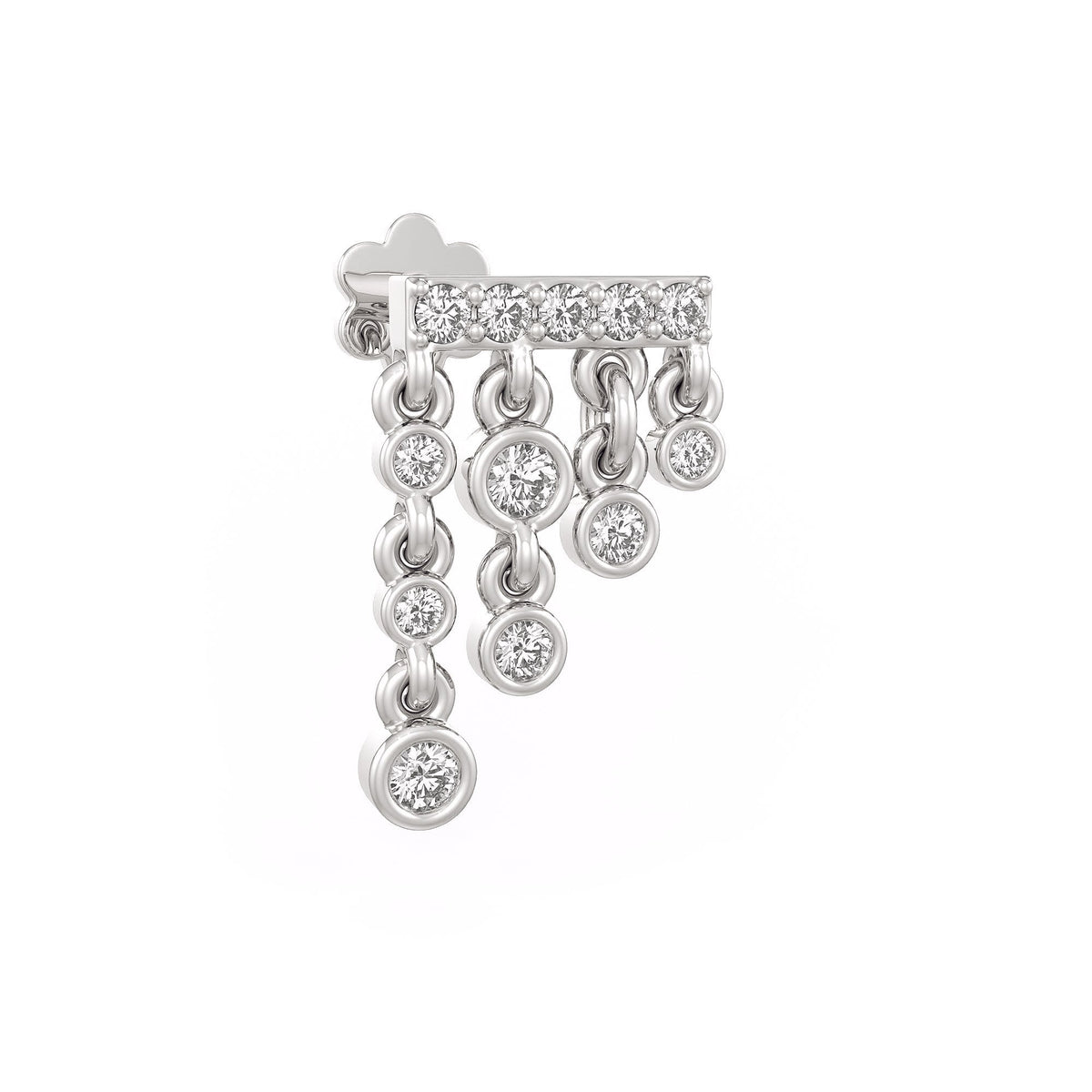 Silver earring with dangling loops and clear stones on a white background