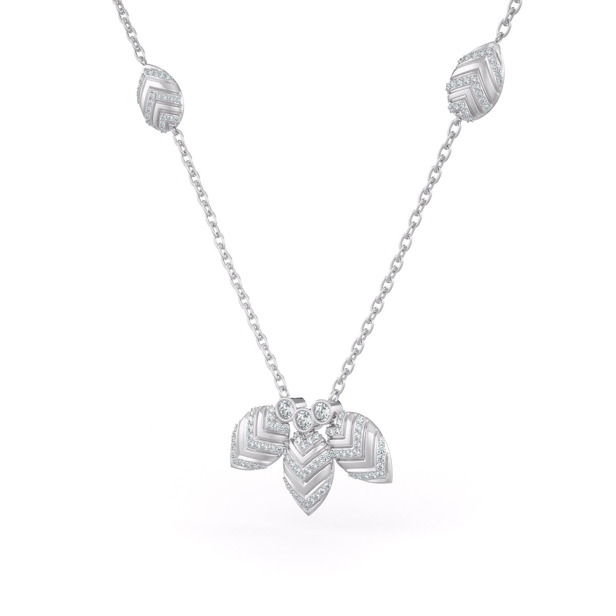 Collier en or blanc 18 carats serti de diamants 1,20 ct et orné de pétales de nénuphar.