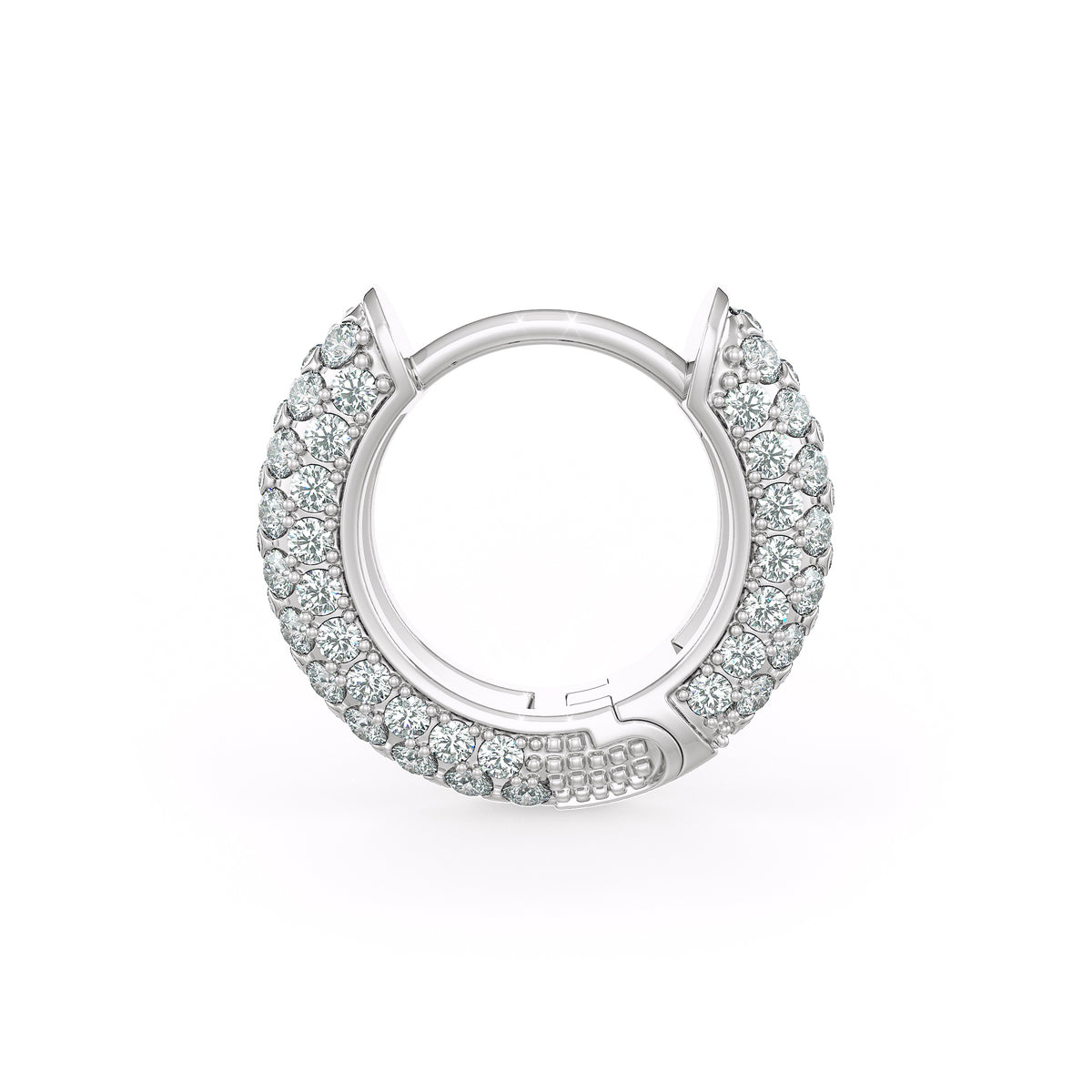  Coppia di orecchini a cerchio con 5 file di diamanti da 1,60 ct, con chiusura a scatto da 10 mm, in oro bianco 18 ct, con pavé di diamanti e cartilagine.