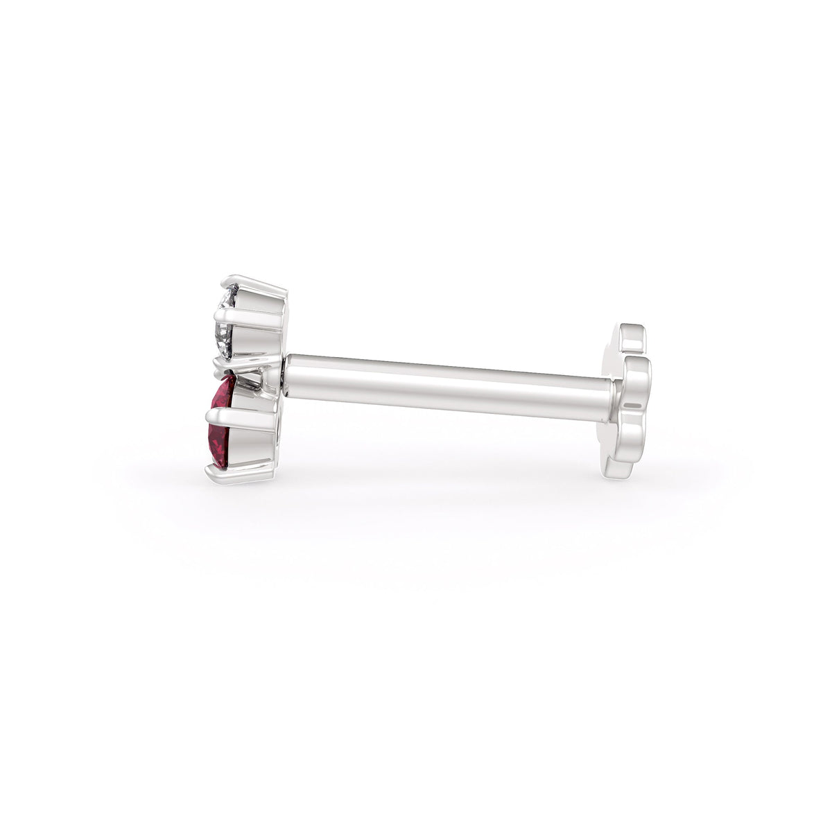 Silver nose stud with a red gemstone on a white background