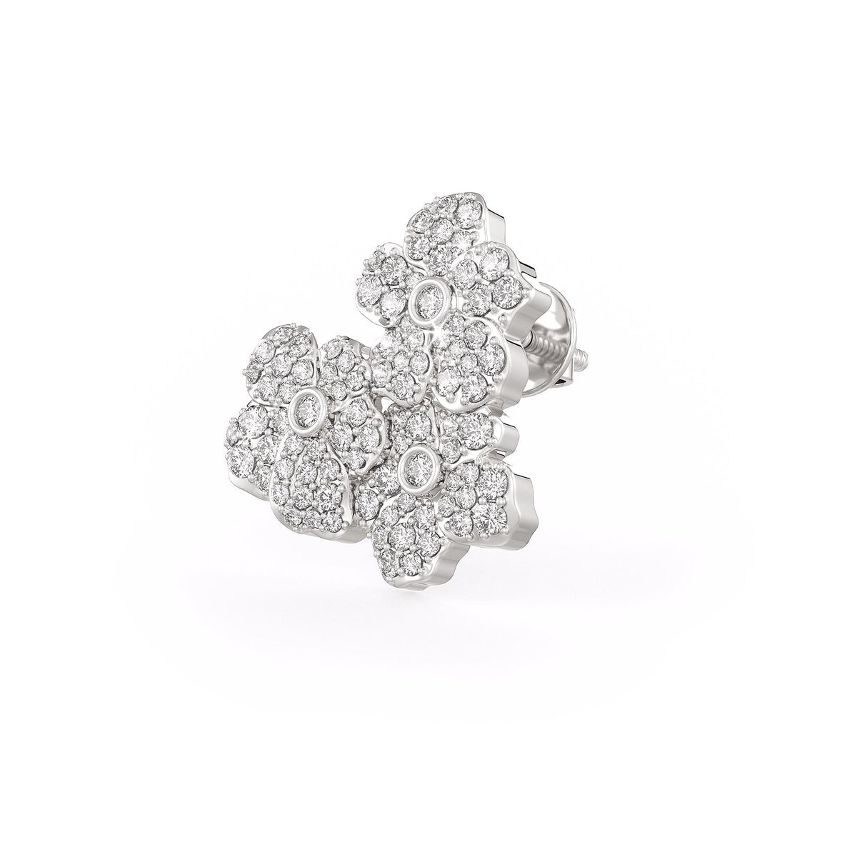 Silver floral earring with clear gemstones on a white background