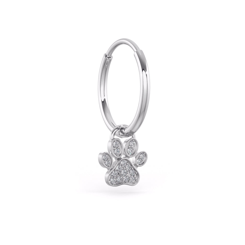 Orecchini a cerchio con ciondolo a forma di zampa di diamante in oro bianco