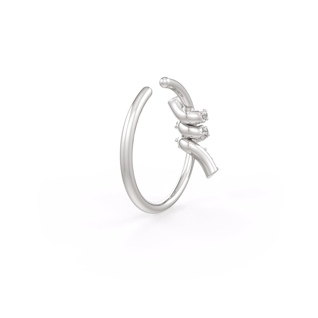 Silver hoop earring with a decorative element on a white background