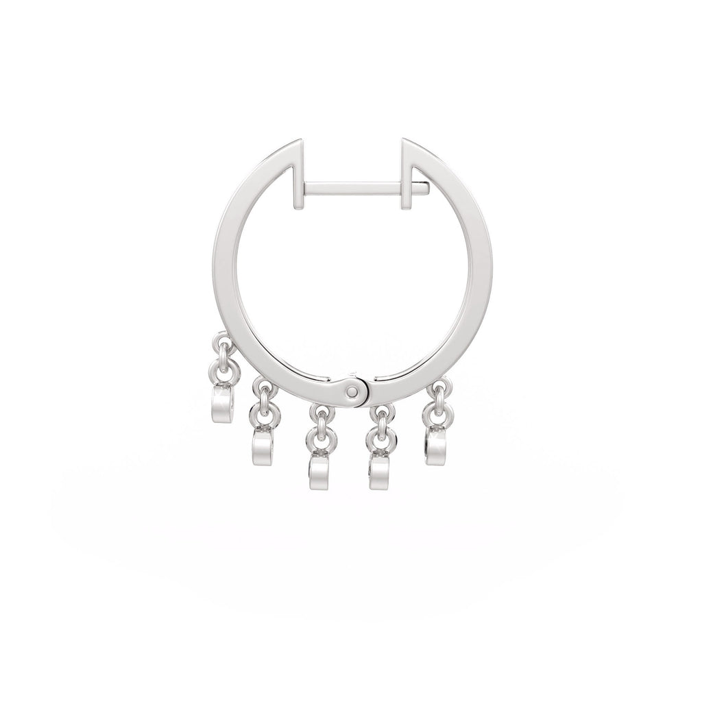 Silver hoop earring with dangling charms on a white background