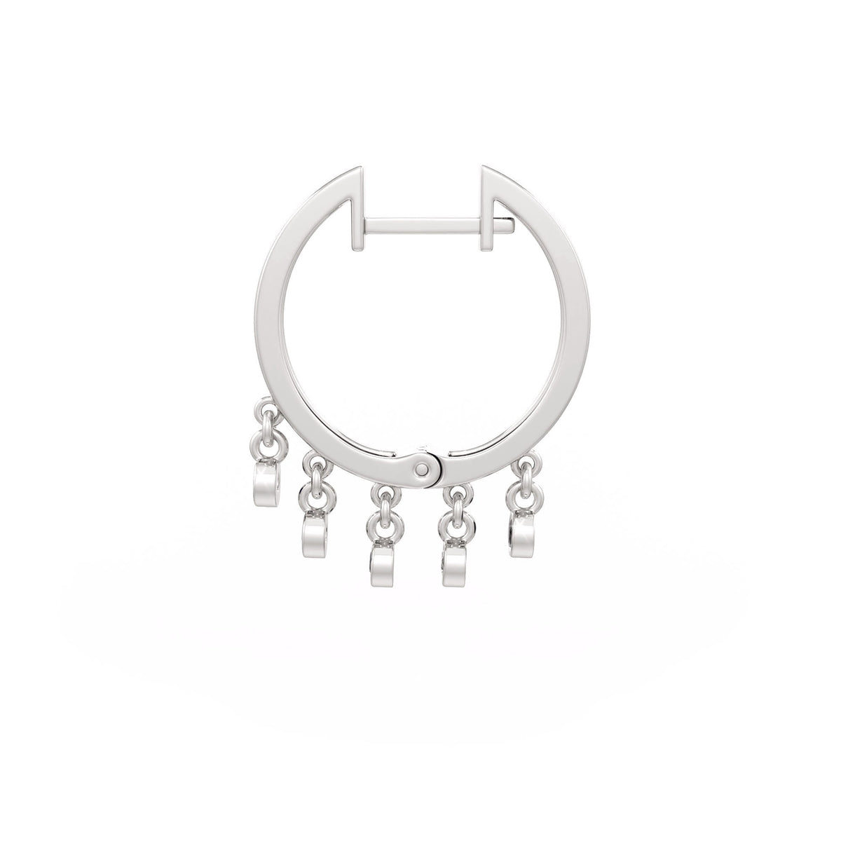 Silver hoop earring with dangling charms on a white background