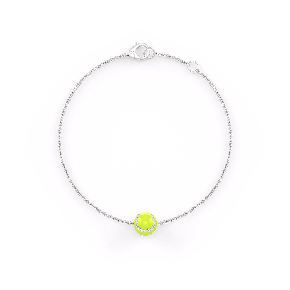 Silver bracelet with a green bead on a white background