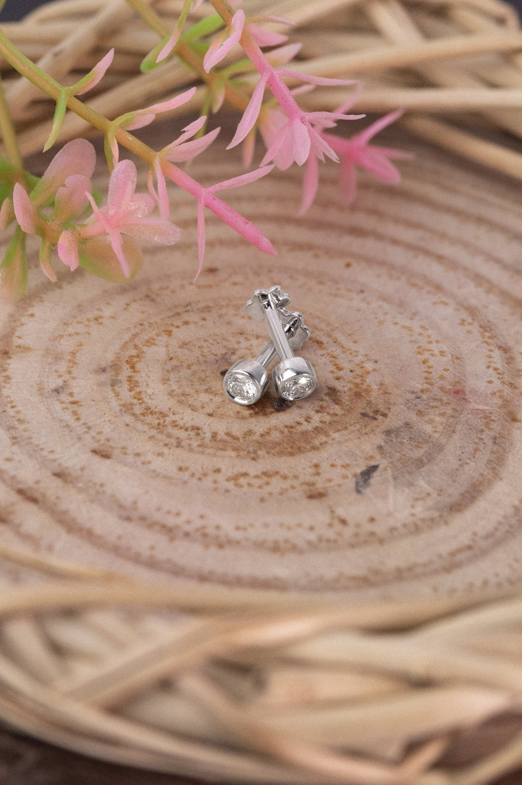 Nose stude on a wooden surface with pink flowers in the background