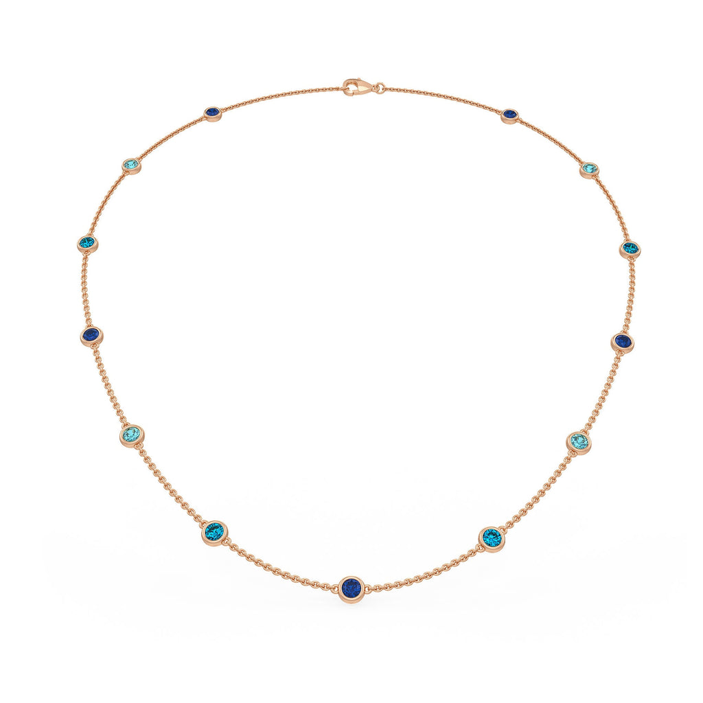 18ct rose gold necklace with Blue Sapphire, Blue Topaz and Aquamarine