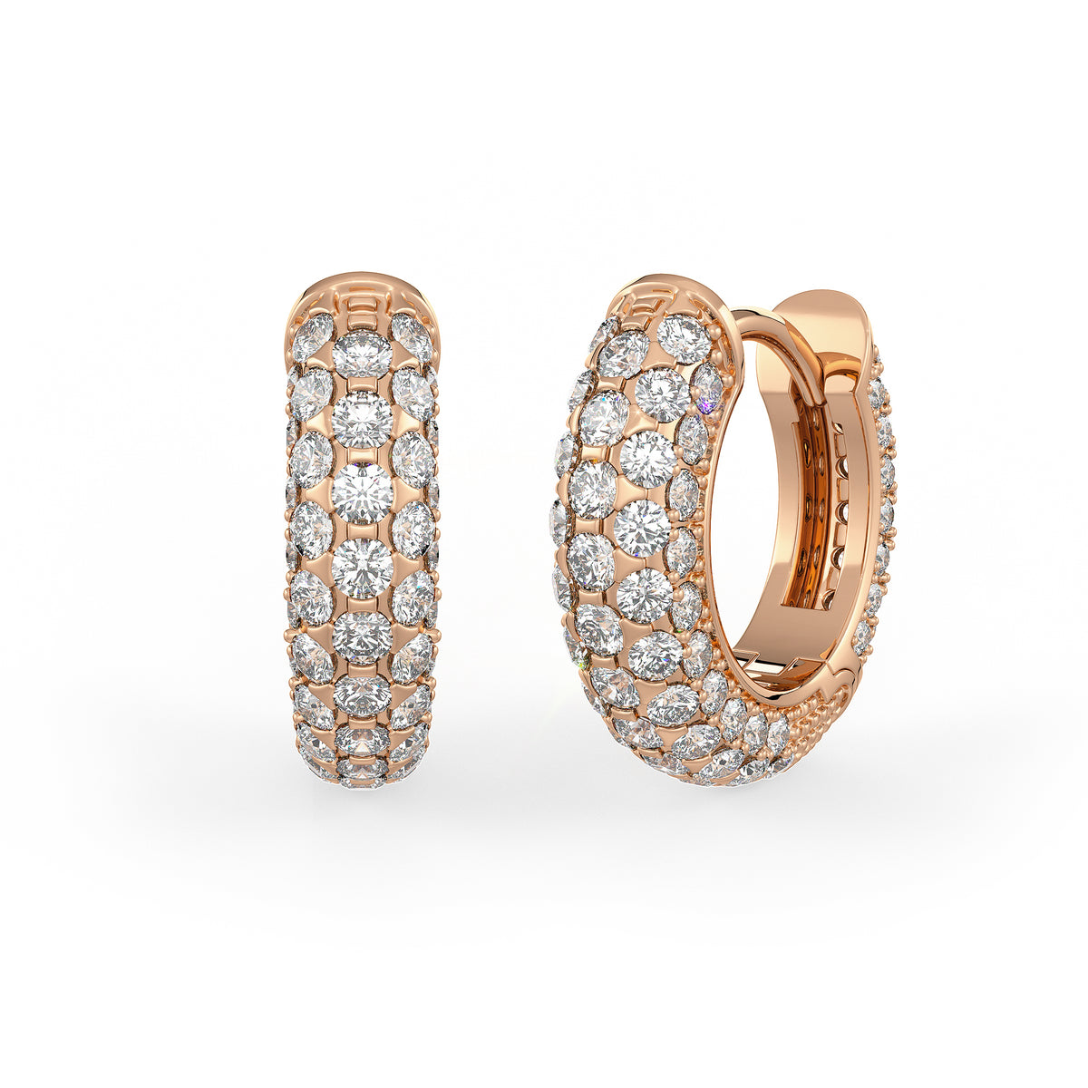  Orecchini a cerchio con 5 file di diamanti da 1,60 ct, con chiusura a scatto da 10 mm, in oro rosa 18 ct, con pavé di diamanti e cartilagine.