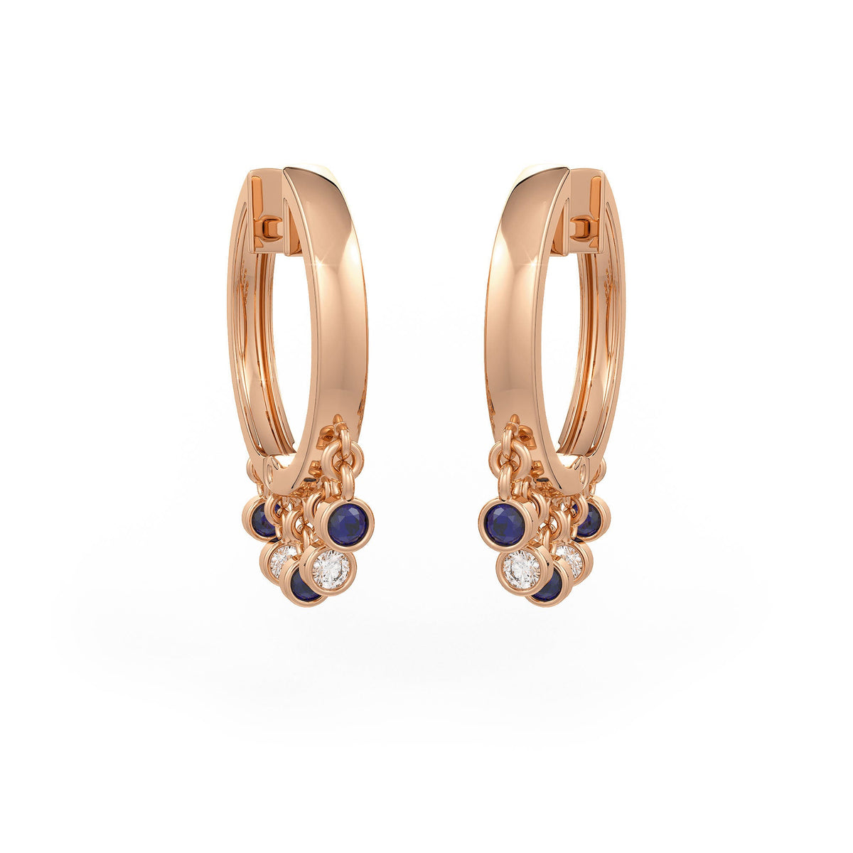 Rose gold hoop earrings with blue gemstones and clear stones on a white background