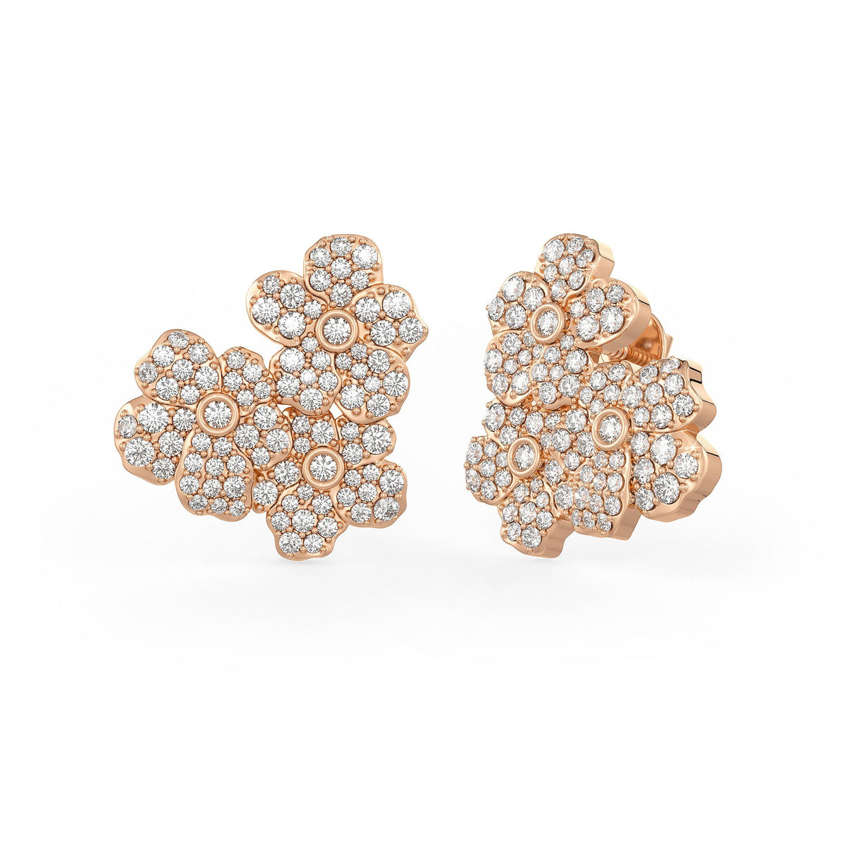 Rose gold floral earrings with diamond accents on a white background