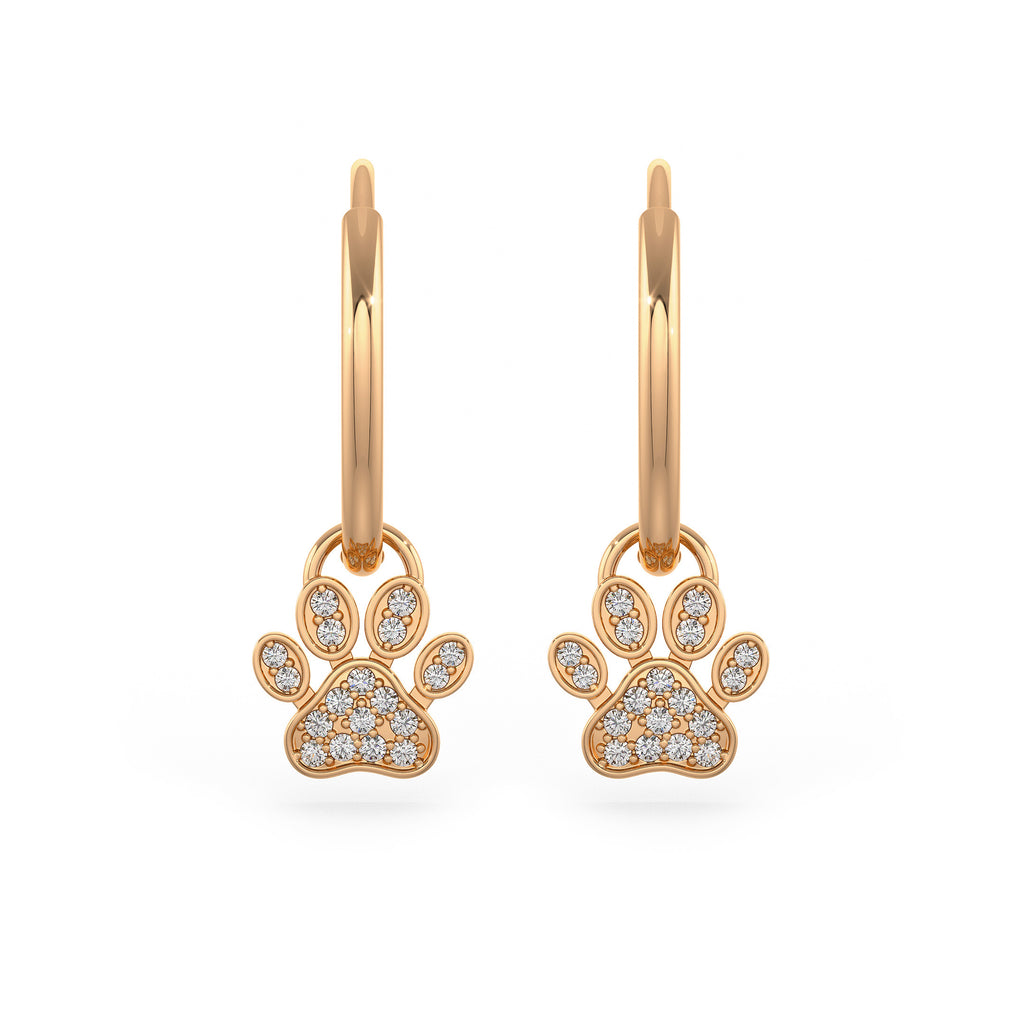 Diamond Paw Charm Hoop Earrings Rose Gold