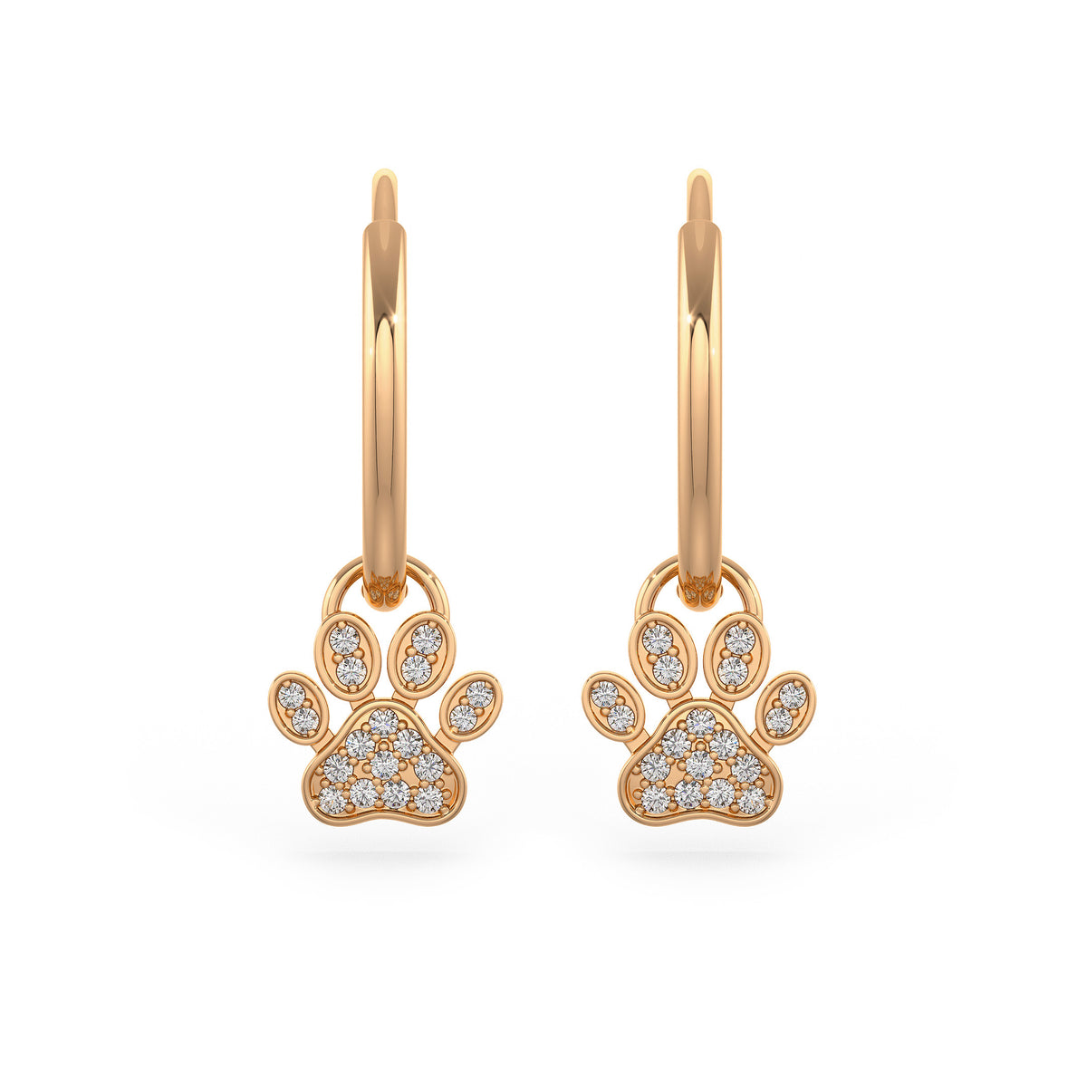 Diamond Paw Charm Hoop Earrings Rose Gold