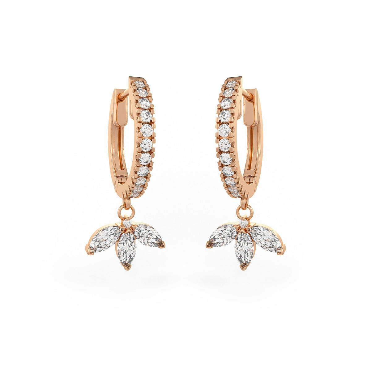 18ct Rose Gold Diamond Eternity Hoops Earrings with Marquise Lotus Charm Drop 0.92ct (full pair)