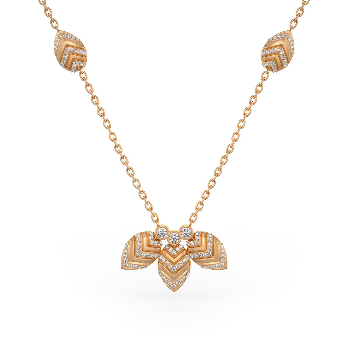 Collier en or rose 18 carats serti de diamants de 1,20 ct et orné de pétales de nénuphar.