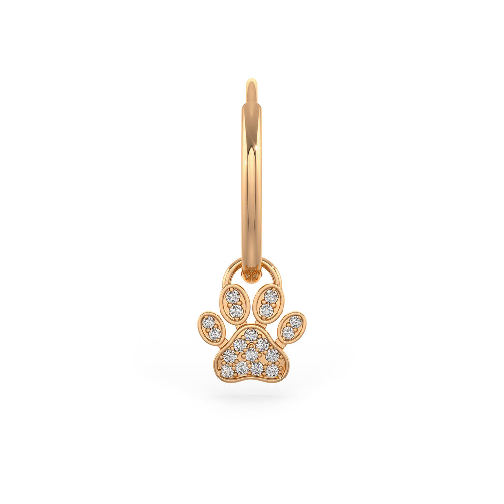 Diamond Paw Charm Hoop Earrings Rose Gold