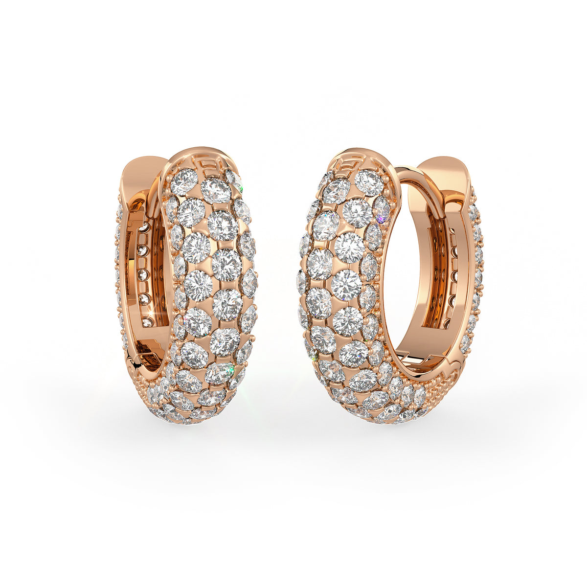  Orecchini a cerchio con 5 file di diamanti da 1,60 ct, con chiusura a scatto da 10 mm, in oro rosa 18 ct, con pavé di diamanti e cartilagine.