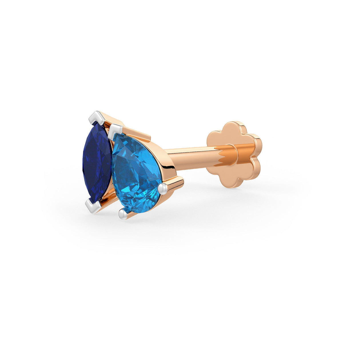 Round blue gemstone nose stud with rose gold setting