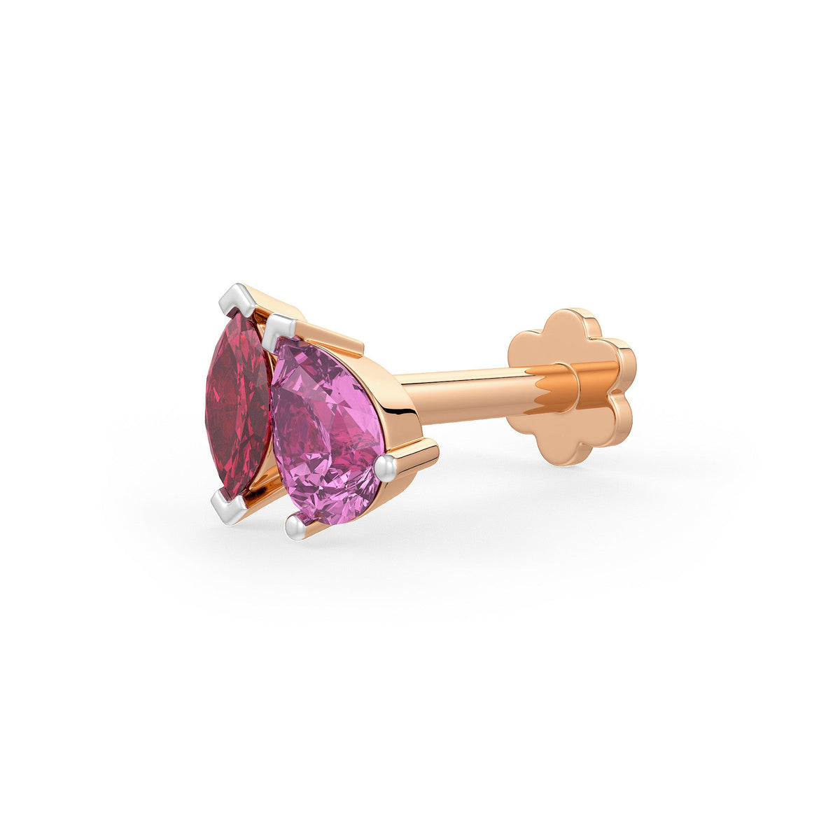 Rose gold nose stud with ruby and pink sapphire gemstones