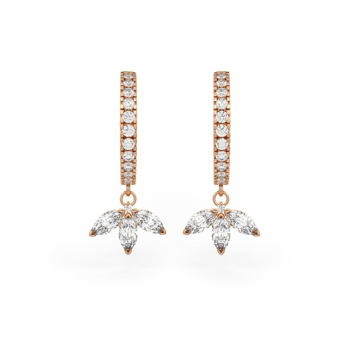 18ct Rose Gold Diamond Eternity Hoops Earrings with Marquise Lotus Charm Drop 0.92ct (full pair)