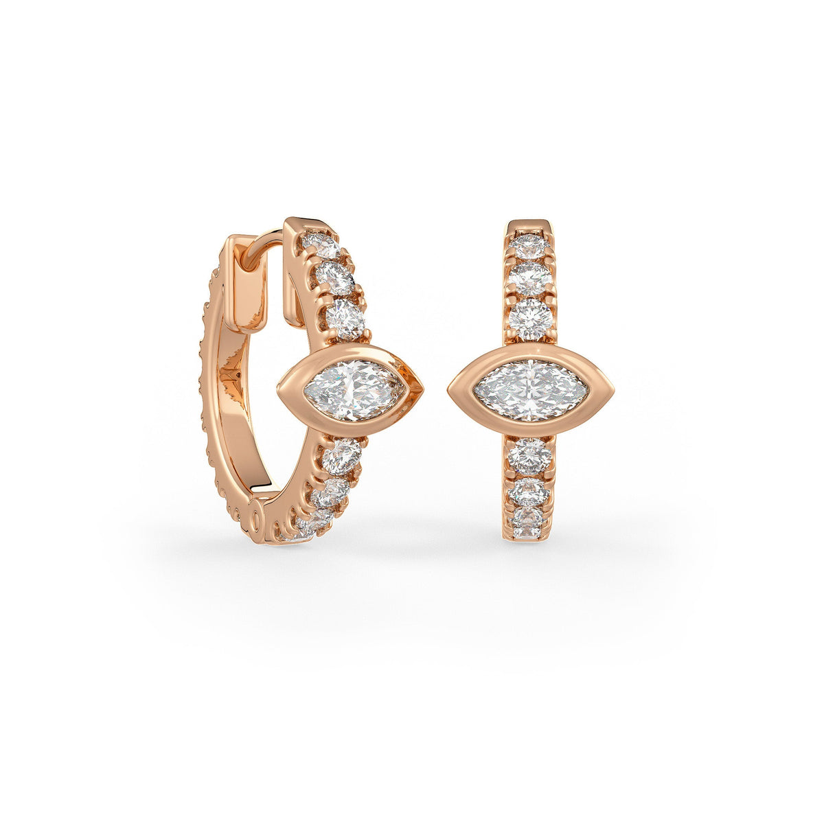 Boucles d'oreilles créoles en or rose 18 carats serties de diamants (10 mm), solitaire marquise de 0,70 carat (paire)