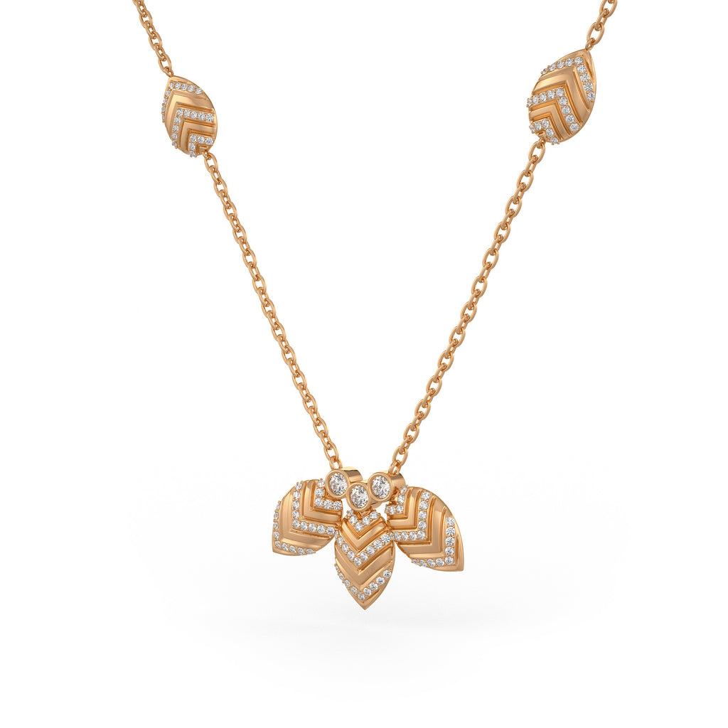 Collier en or rose 18 carats serti de diamants de 1,20 ct et orné de pétales de nénuphar.