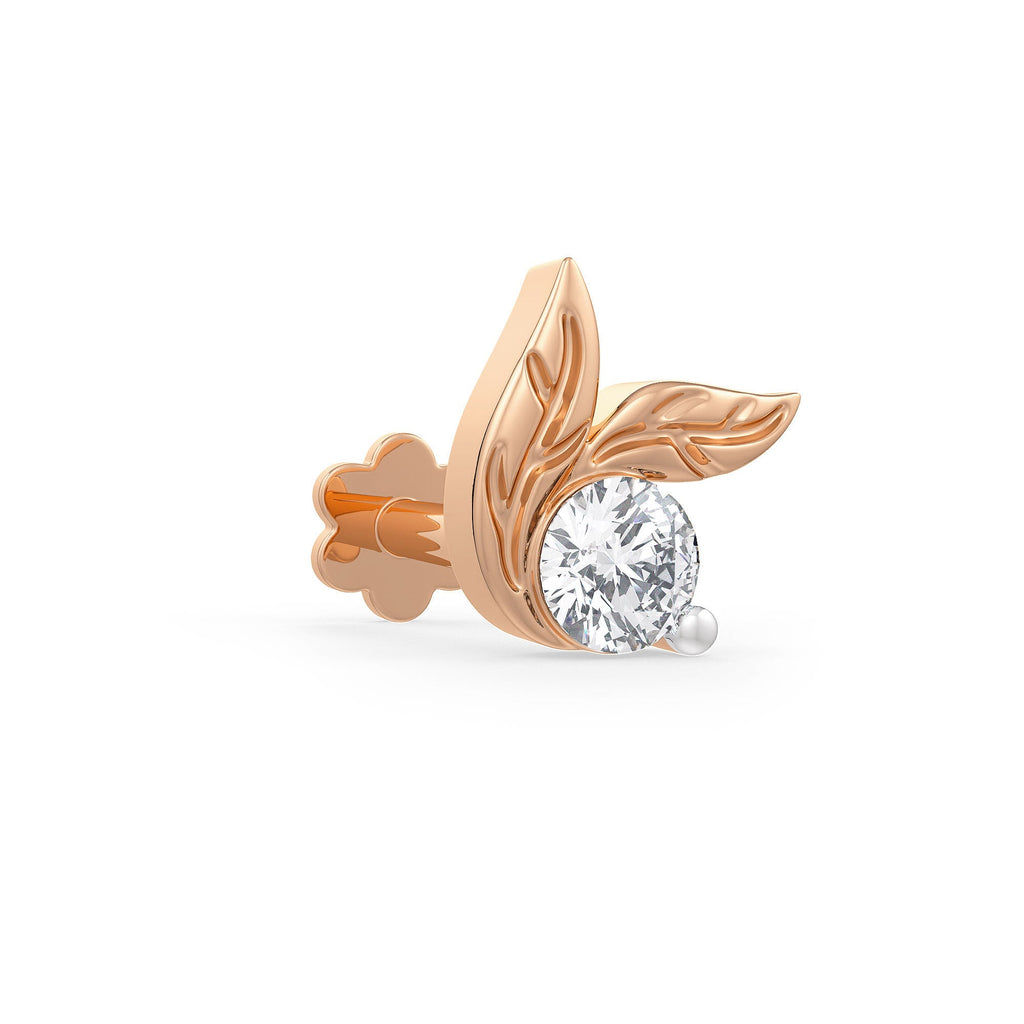 Leaf-shaped rose gold diamond nose stud