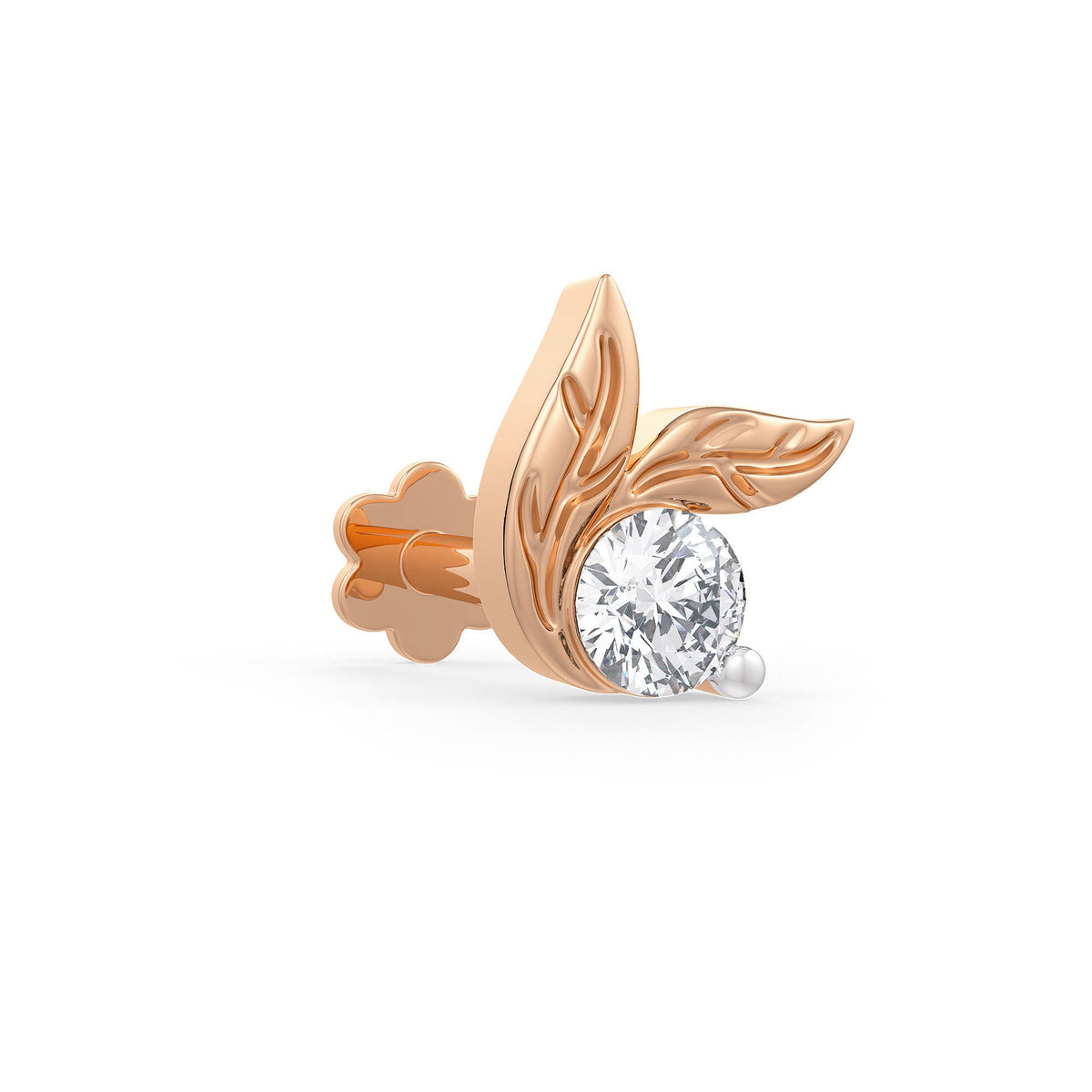 Leaf-shaped rose gold diamond nose stud