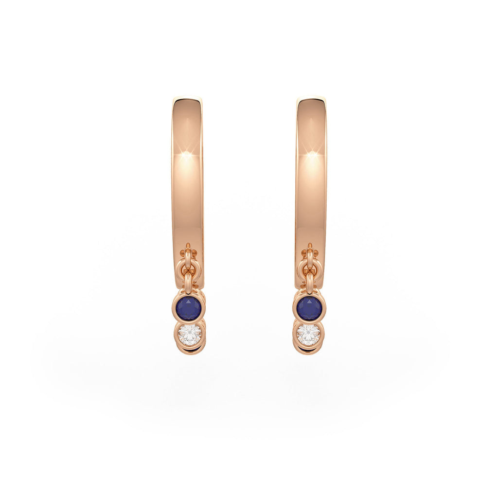 18ct rose gold diamond hoops featuring blue sapphire charms