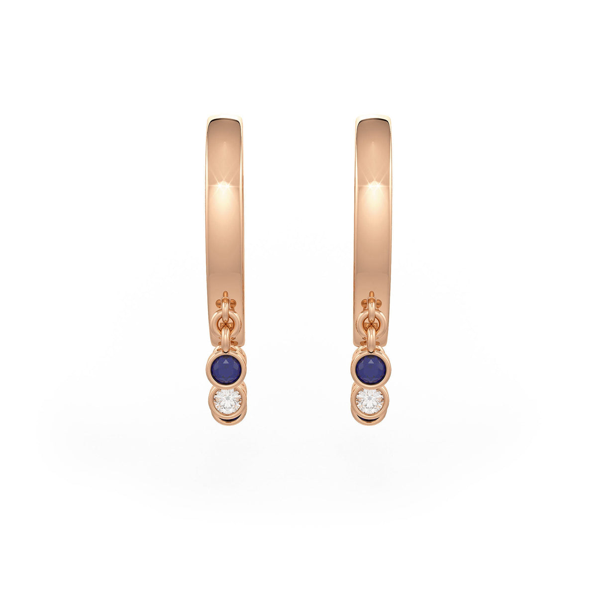 18ct rose gold diamond hoops featuring blue sapphire charms
