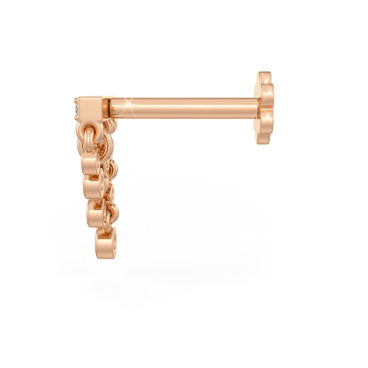 Rose gold earring with chain detail on a white background
