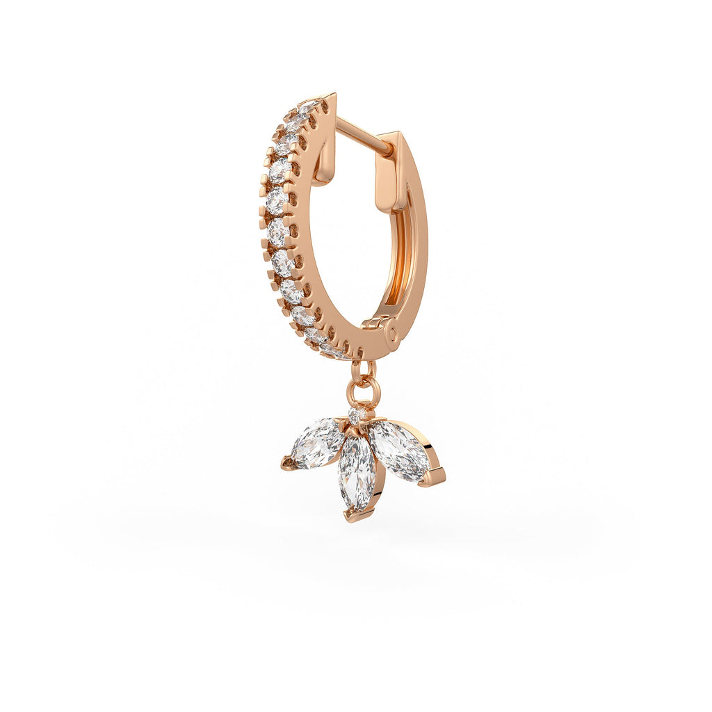 18ct Rose Gold Diamond Eternity Hoop Single Earring with Marquise Lotus Charm Drop 0.46ct