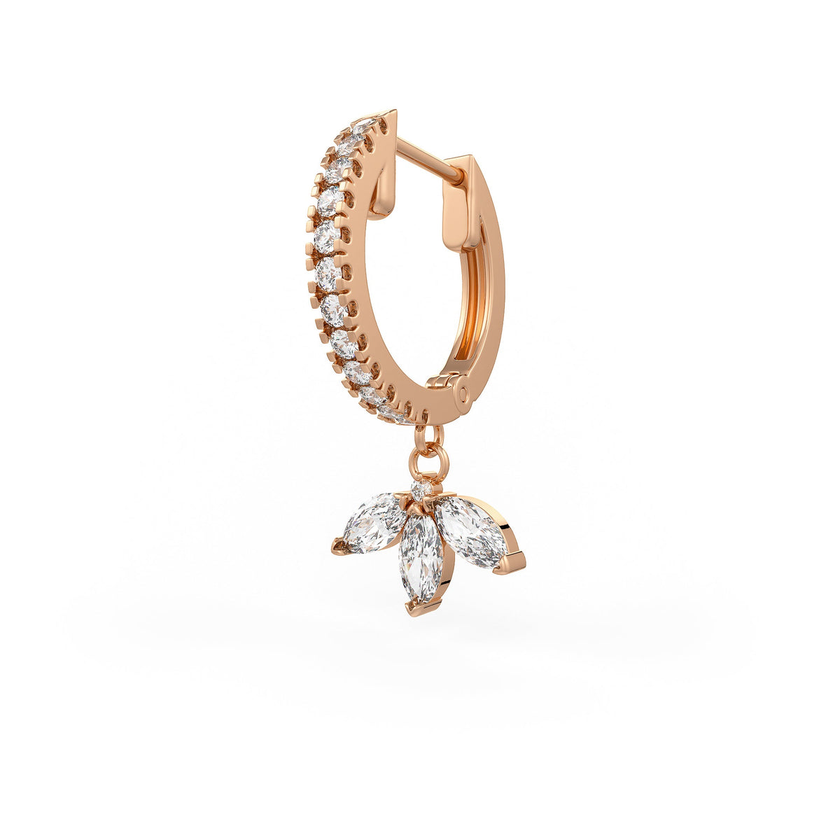 18ct Rose Gold Diamond Eternity Hoop Single Earring with Marquise Lotus Charm Drop 0.46ct
