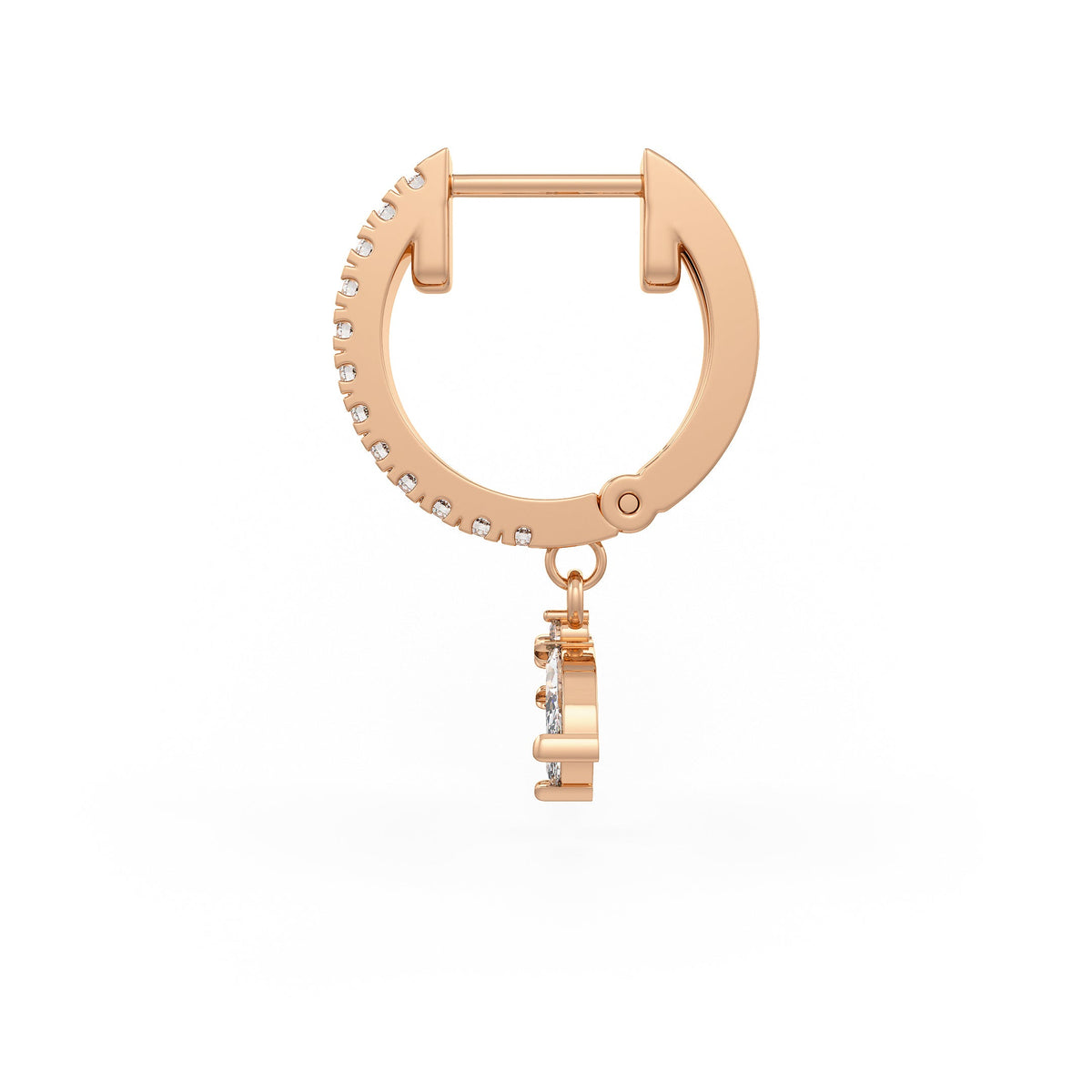 18ct Rose Gold Diamond Eternity Hoop Single Earring with Marquise Lotus Charm Drop 0.46ct