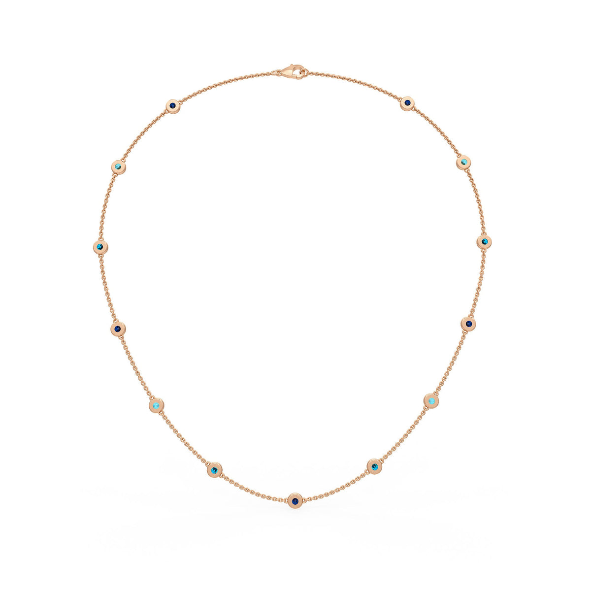 Elegant 18ct rose gold necklace with sparkling natural blue gemstones
