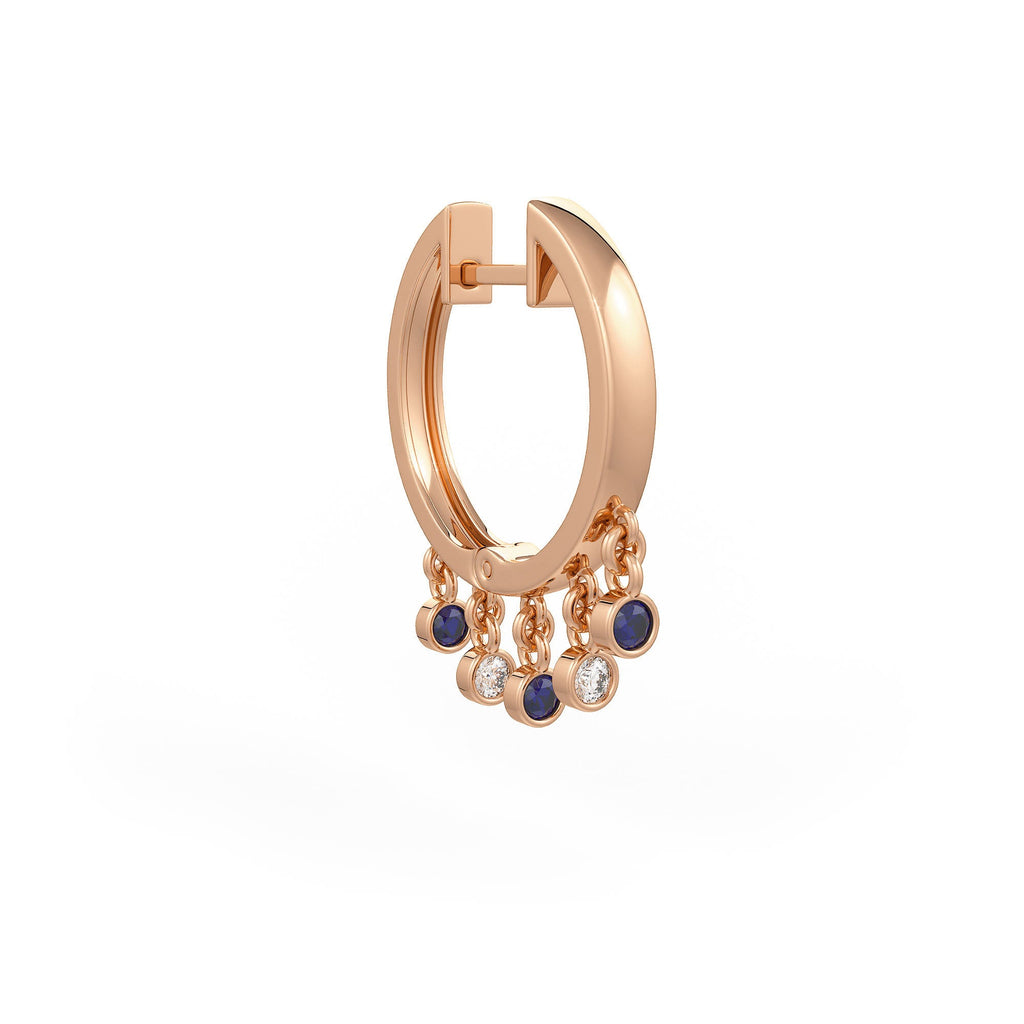 Rose gold hoops with sapphire dewdrops and sparkling diamonds