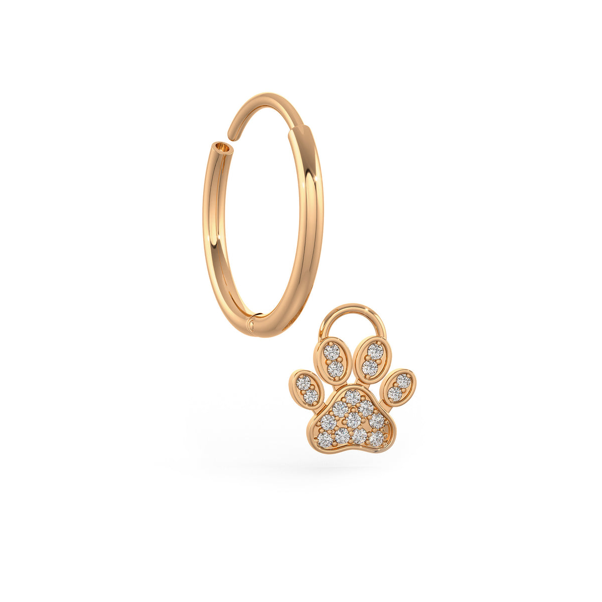 Diamond Paw Charm Hoop Earrings Rose Gold
