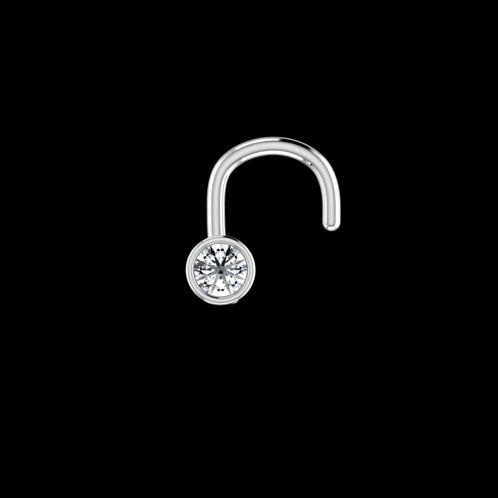 Silver nose ring with a clear gemstone on a black background