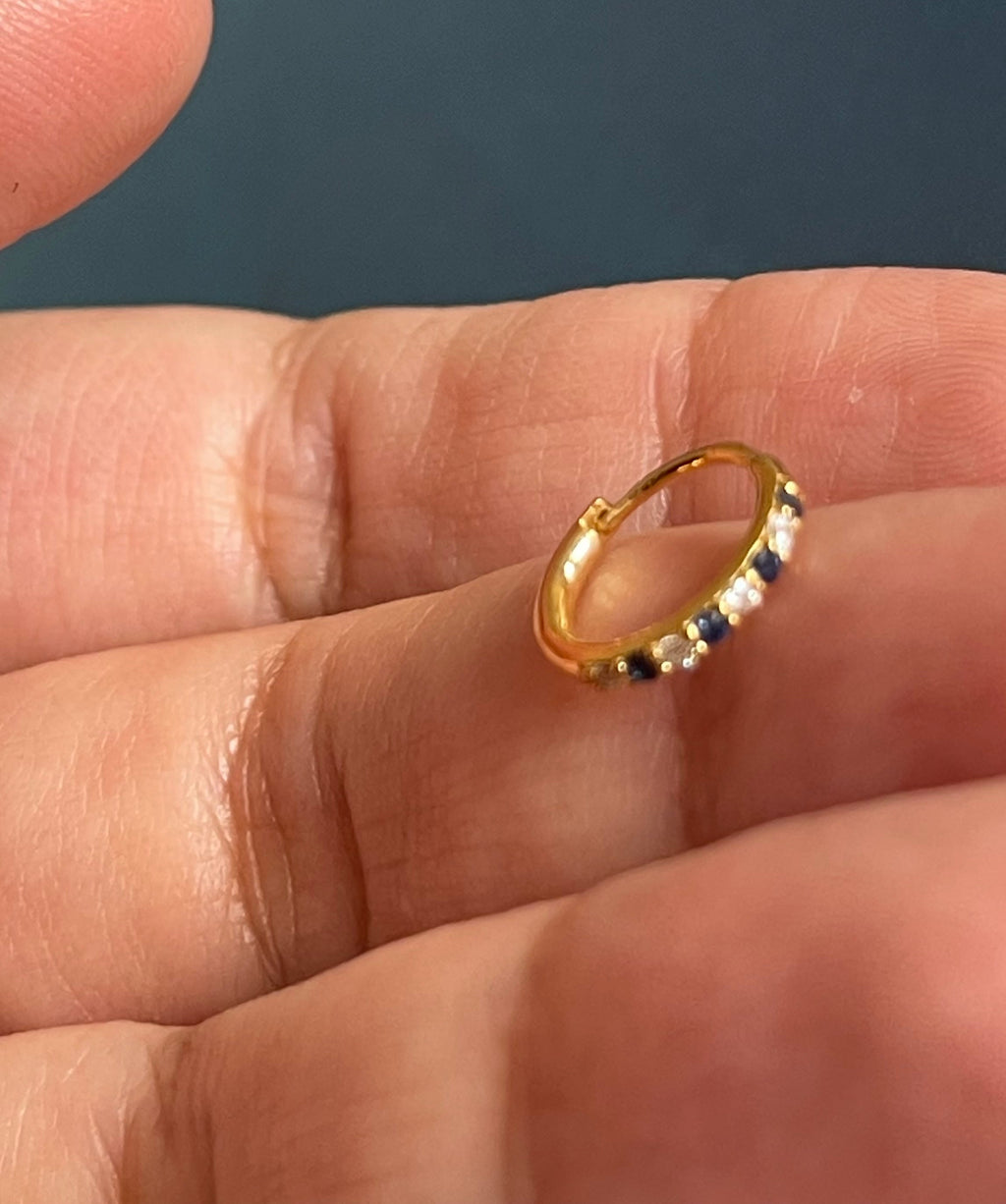 Skinny Diamond Sapphire Nose Hoop 18ct Yellow Gold Piercing Gemstone Ring