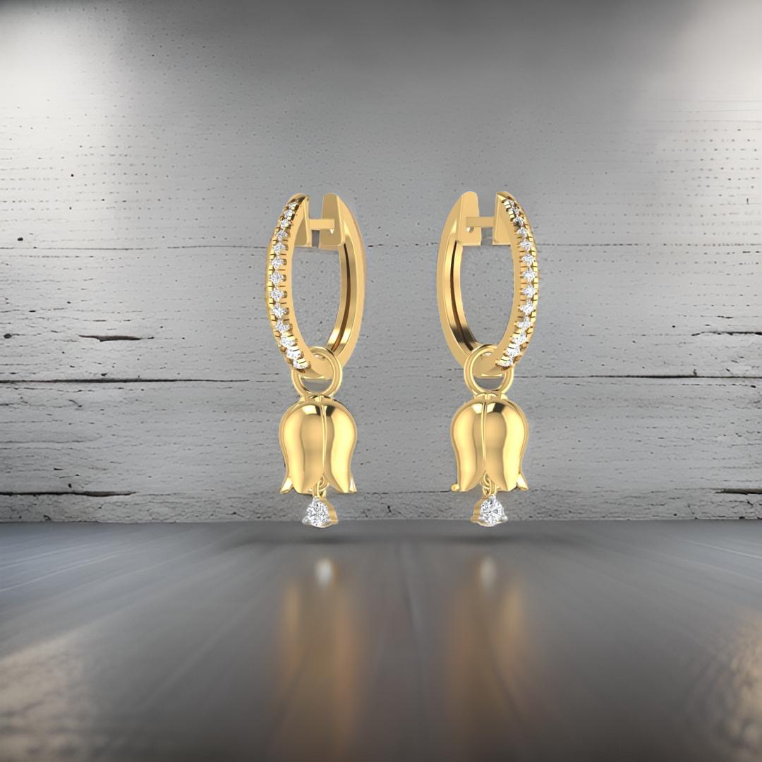 Créoles d'éternité en or jaune 18 carats serties de diamants et ornées de pendentifs tulipe.