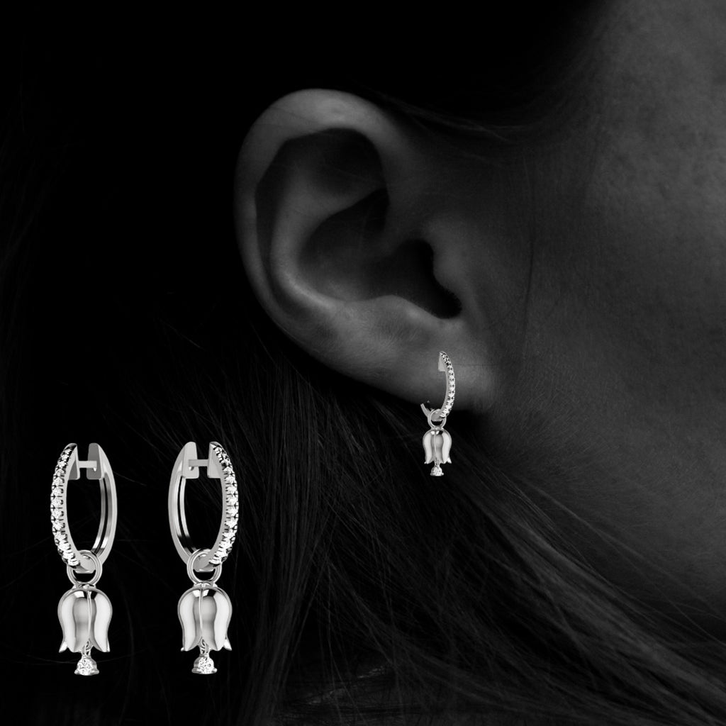 Diamond Eternity Hoops with Tulip Charm Drops in 18ct White Gold