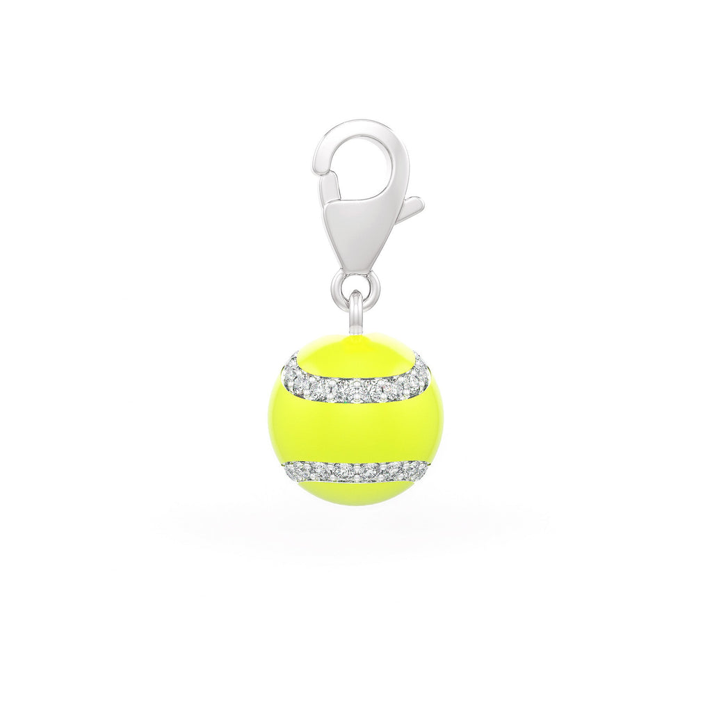 Yellow tennis ball charm with rhinestones on a white background
