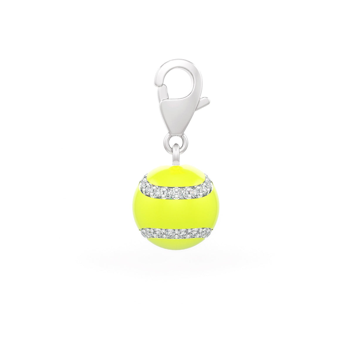 Yellow tennis ball charm with rhinestones on a white background