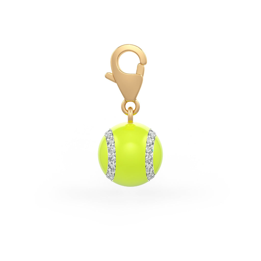 Tennis ball charm with rhinestones and gold clasp on a white background