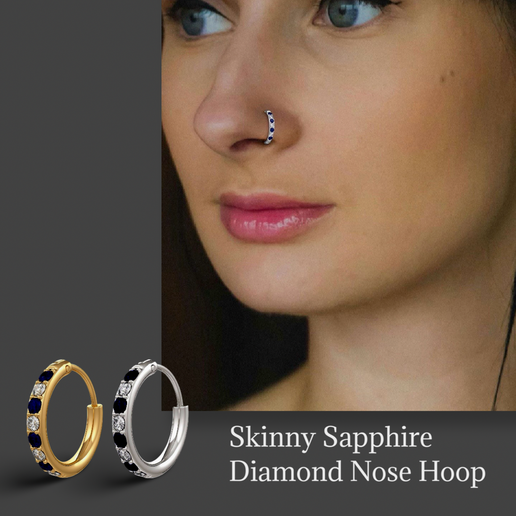 Minimalist skinny diamond sapphire nose hoop